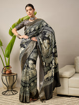 ADHIRA-Royal Black Heritage Printed Saree with Rich Antique Gold Zari Border and Traditional Artistic Silk Designer Drape