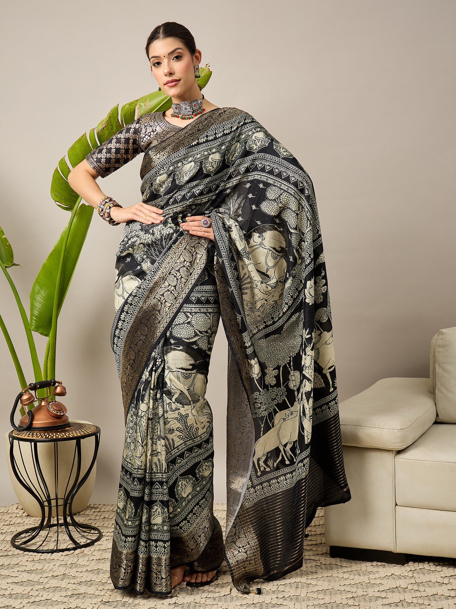 ADHIRA-Royal Black Heritage Printed Saree with Rich Antique Gold Zari Border and Traditional Artistic Silk Designer Drape
