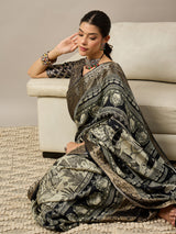 ADHIRA-Royal Black Heritage Printed Saree with Rich Antique Gold Zari Border and Traditional Artistic Silk Designer Drape