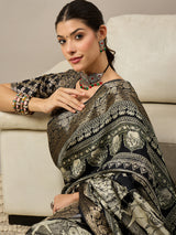 ADHIRA-Royal Black Heritage Printed Saree with Rich Antique Gold Zari Border and Traditional Artistic Silk Designer Drape
