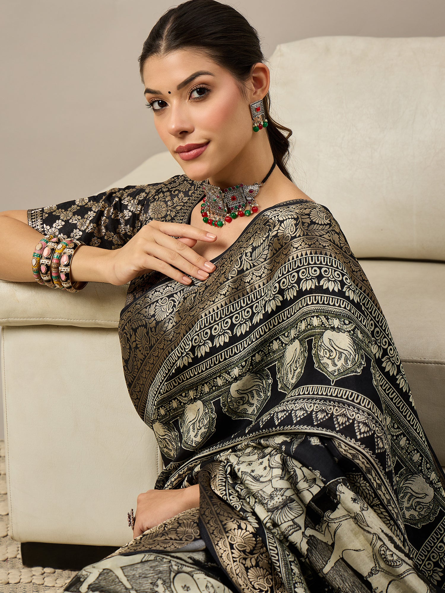 ADHIRA-Royal Black Heritage Printed Saree with Rich Antique Gold Zari Border and Traditional Artistic Silk Designer Drape