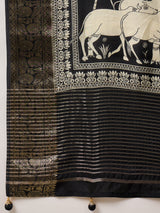 ADHIRA-Royal Black Heritage Printed Saree with Rich Antique Gold Zari Border and Traditional Artistic Silk Designer Drape