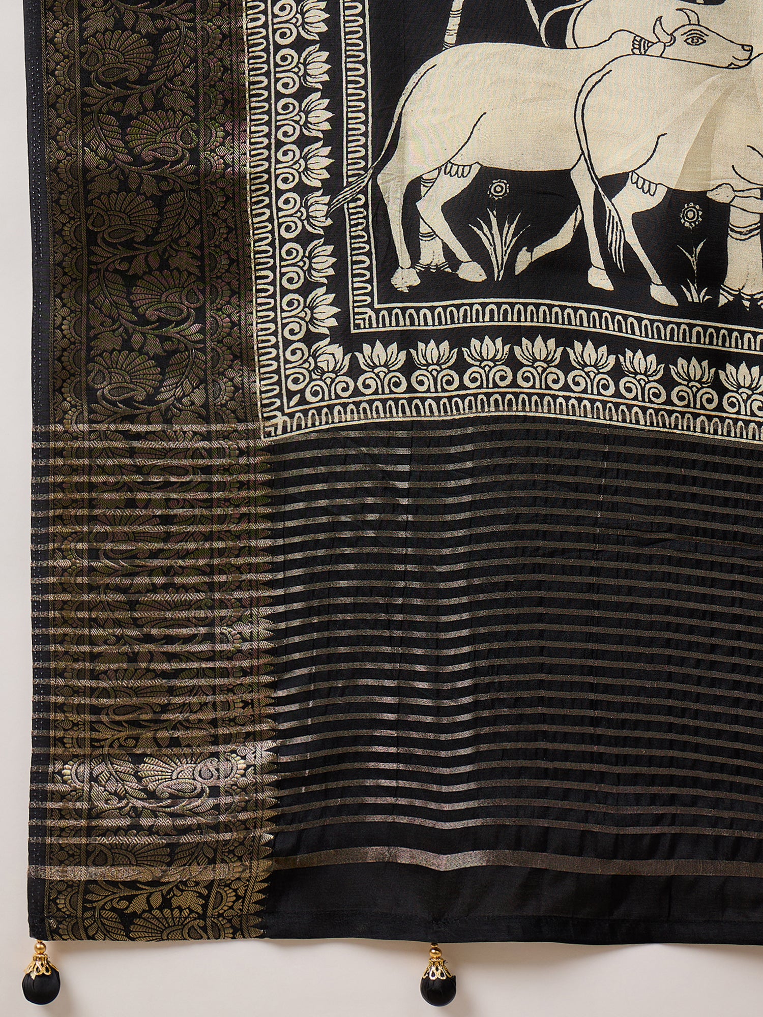 ADHIRA-Royal Black Heritage Printed Saree with Rich Antique Gold Zari Border and Traditional Artistic Silk Designer Drape
