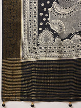 ADHIRA-Elegant black saree featuring intricate traditional mythological and folk art inspired prints