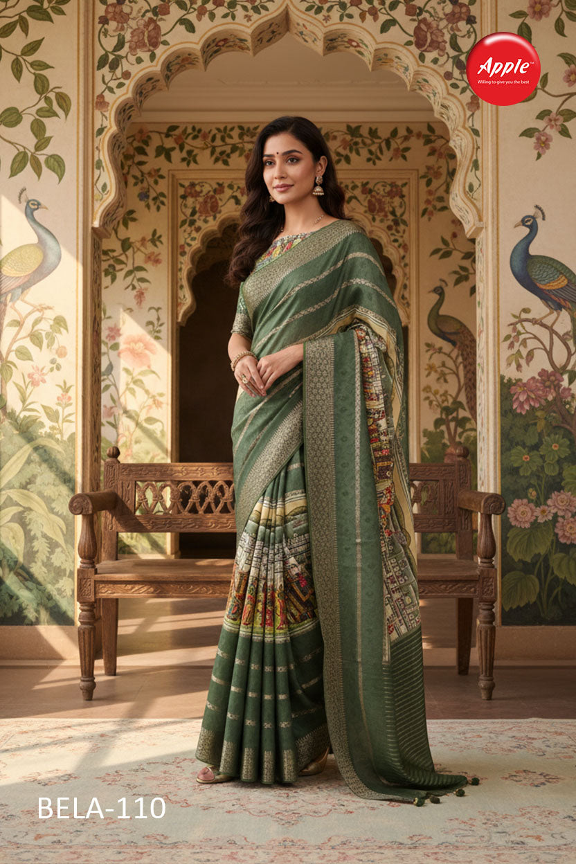 BELA-Elegant olive green designer saree with rich woven detailing