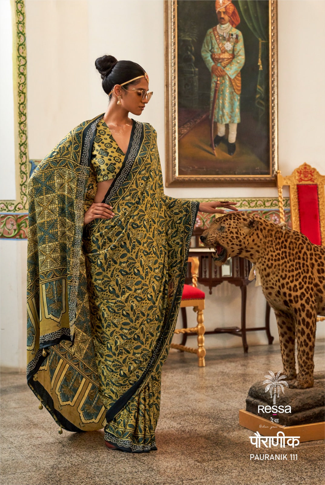PAURANIK-Mustard Olive Heritage Saree with Intricate Kalamkari-Inspired Ethnic Prints