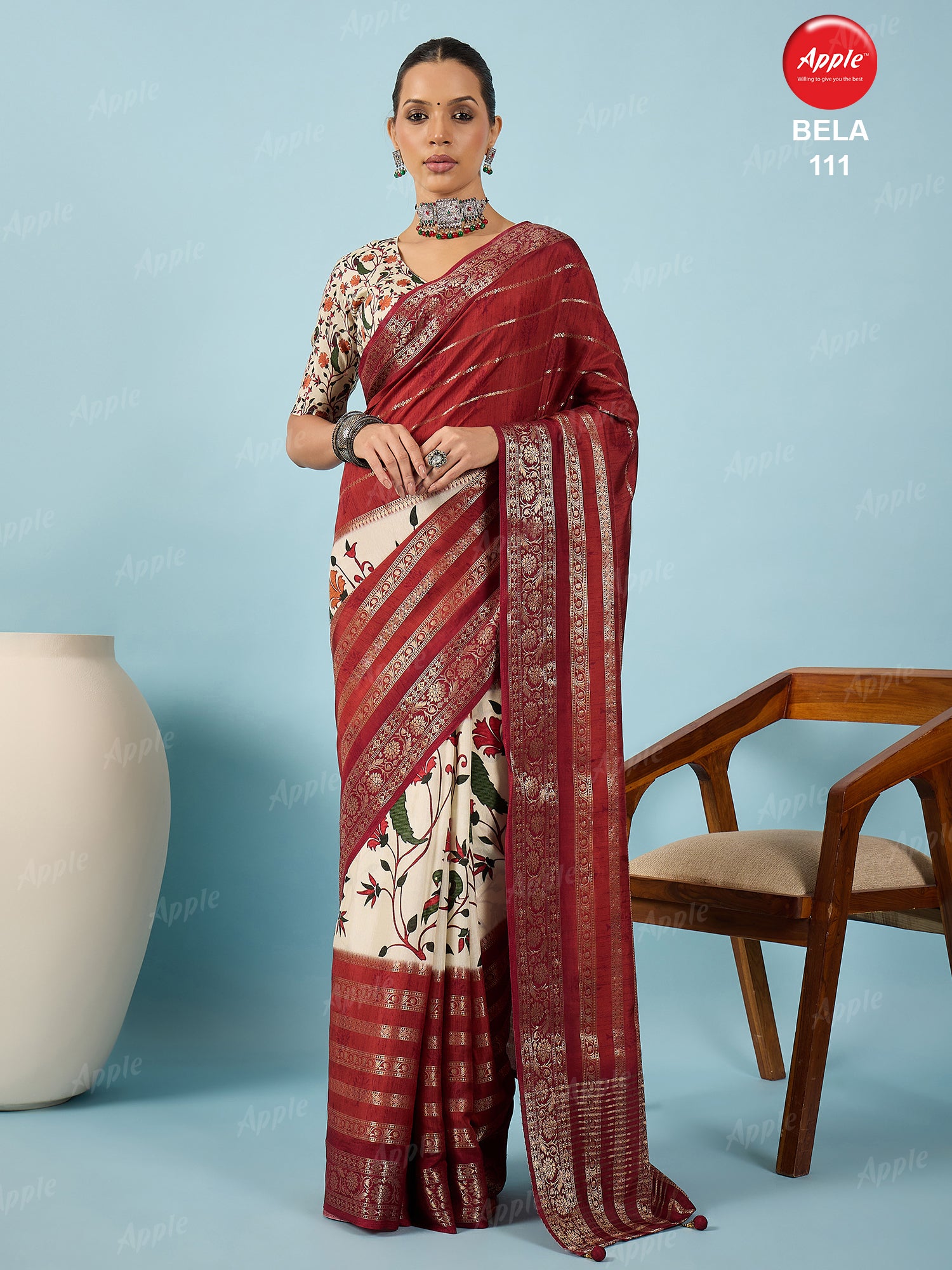 BELA-Royal Maroon Floral Designer Saree with Elegant Zari Border