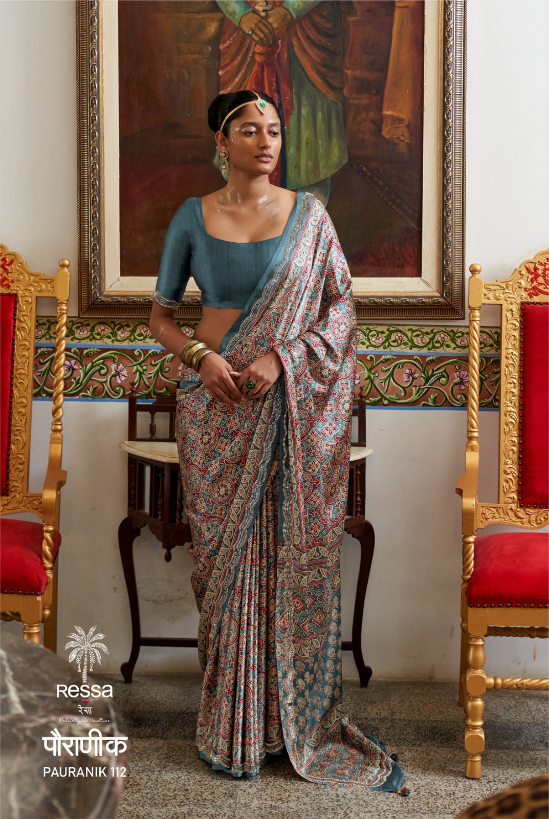PAURANIK-Dusty Blue Heritage Saree with Intricate Ajrakh-Inspired Traditional Prints