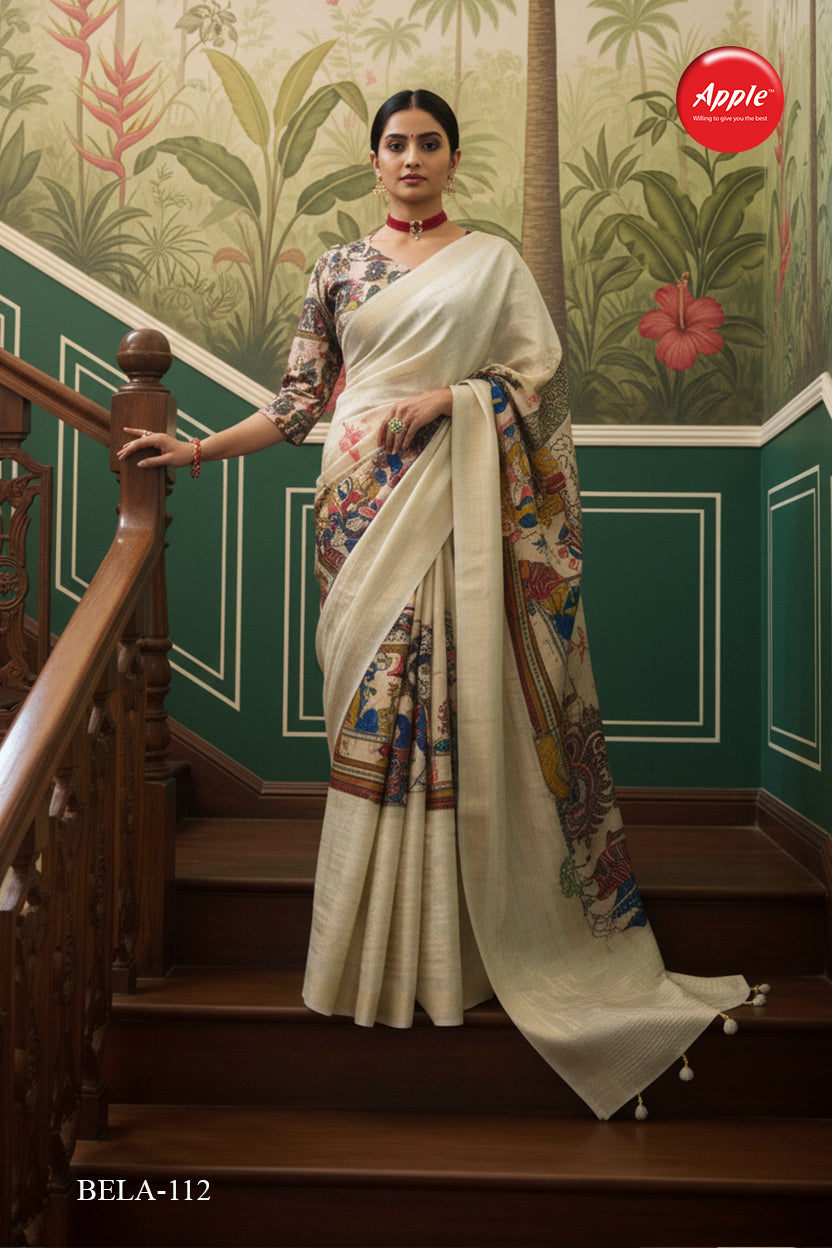 BELA-Elegant Ivory Linen Saree with Artistic Heritage Print Border
