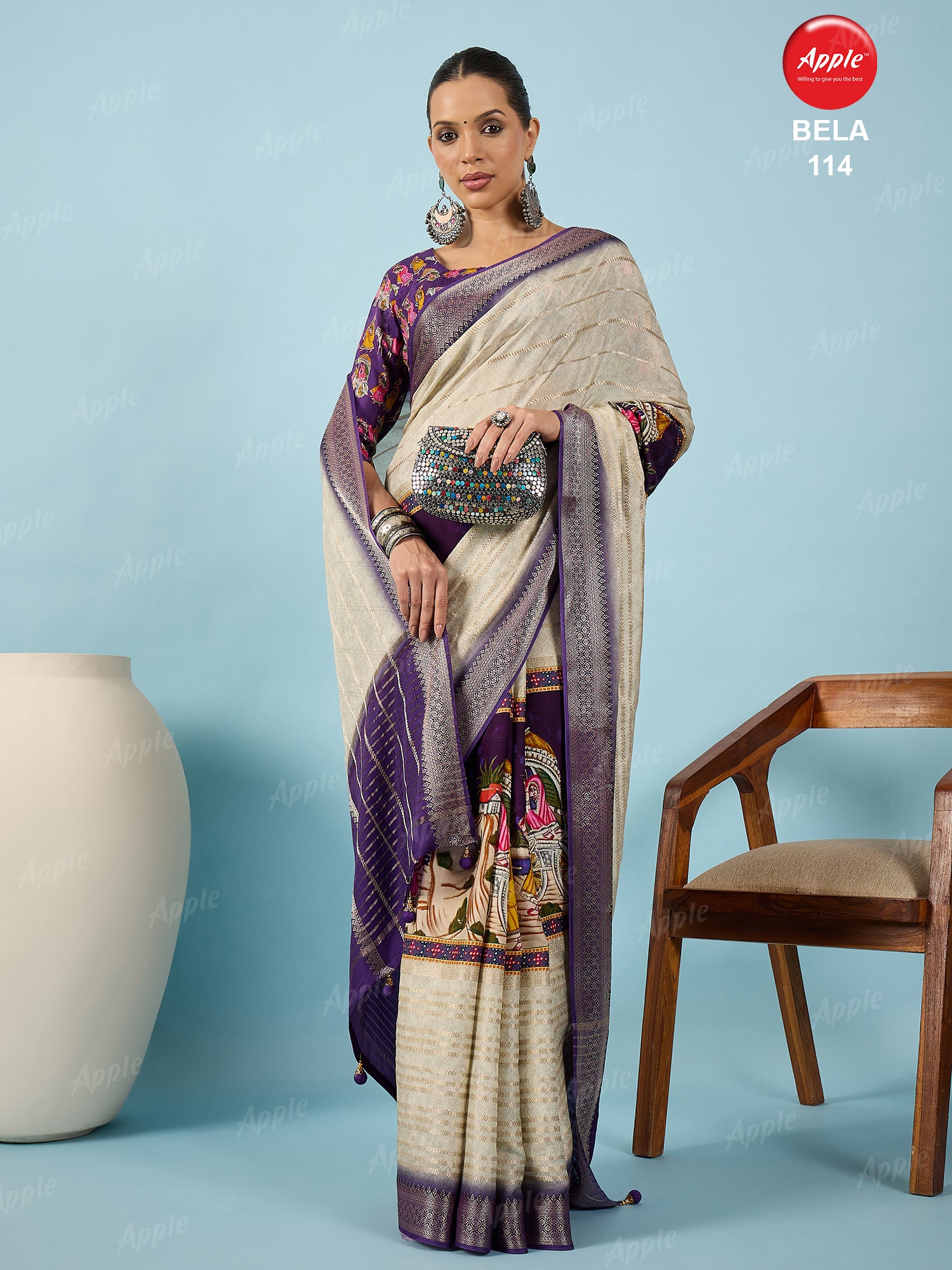 BELA-Royal Ivory & Purple Designer Saree with Traditional Artistic Print Border