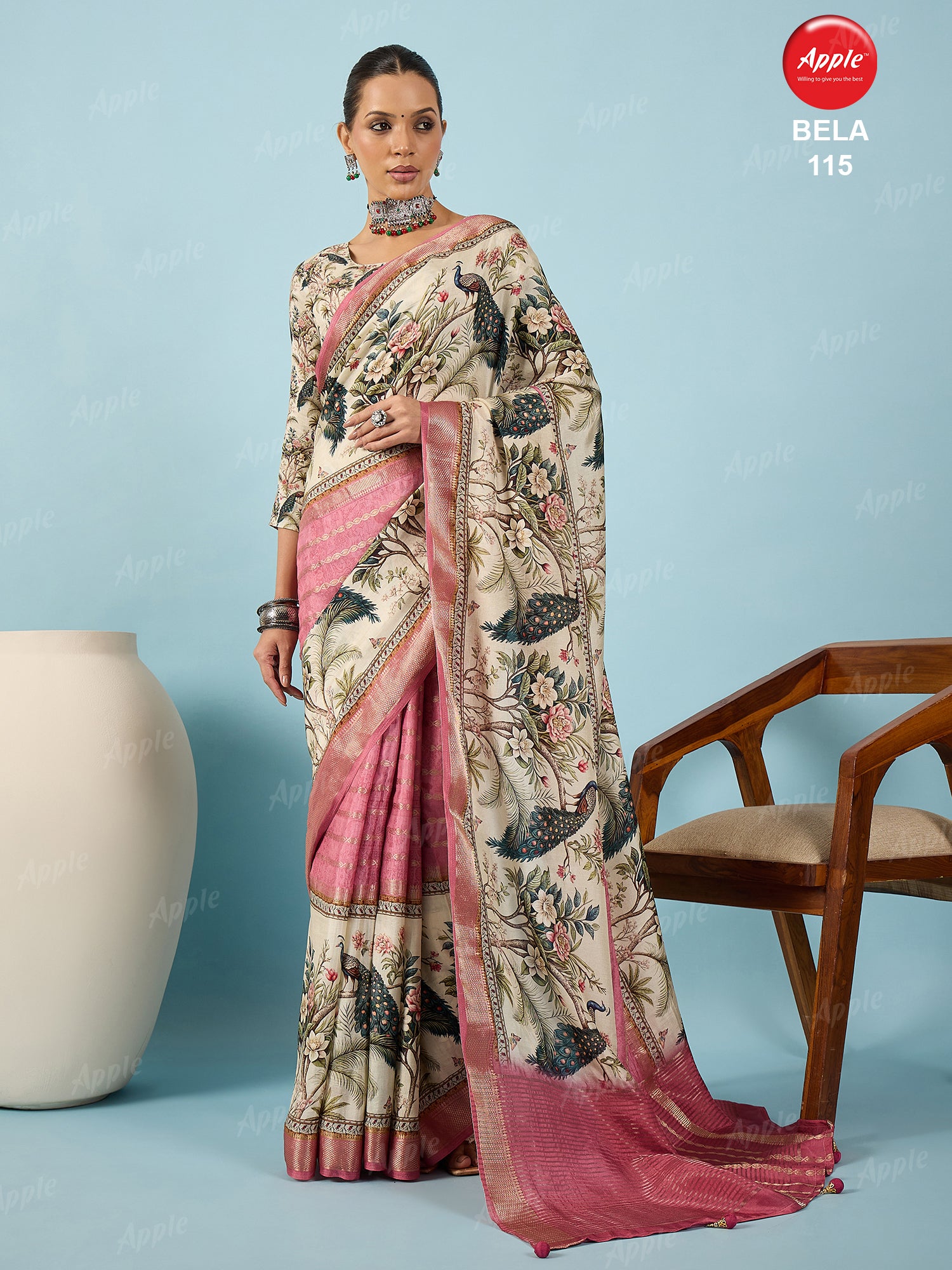 BELA-Elegant Ivory & Pink Peacock Print Designer Saree with Zari Border
