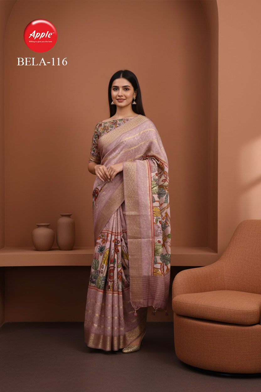 BELA-Elegant pastel pink designer saree with artistic floral print accents