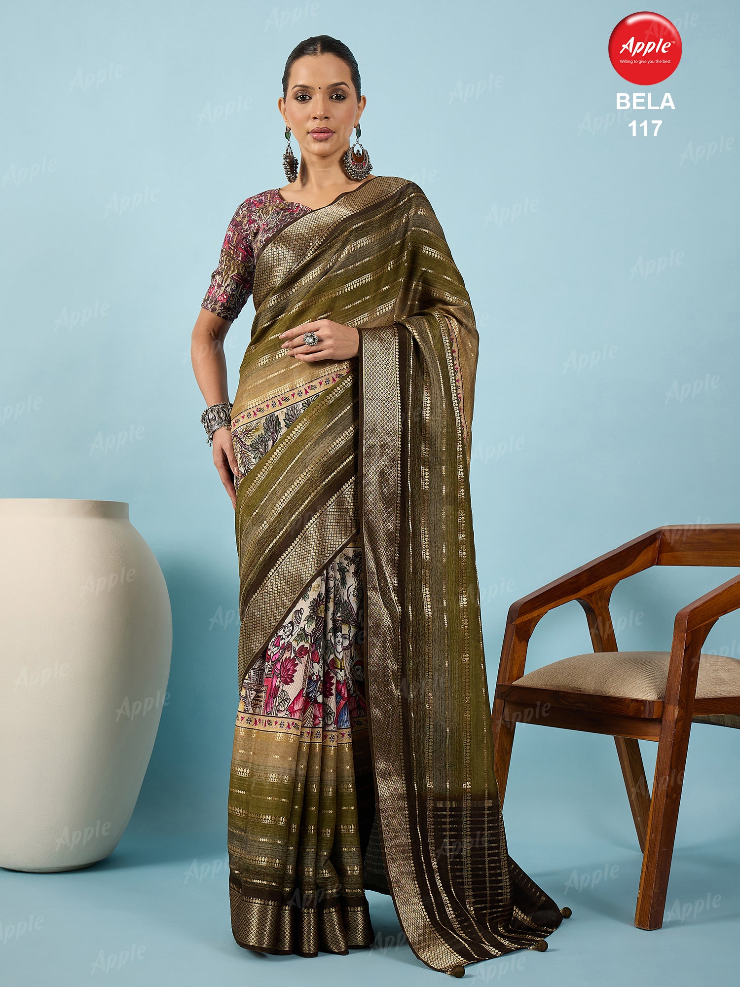 BELA-Olive Gold Heritage Printed Silk Saree with Rich Zari Border