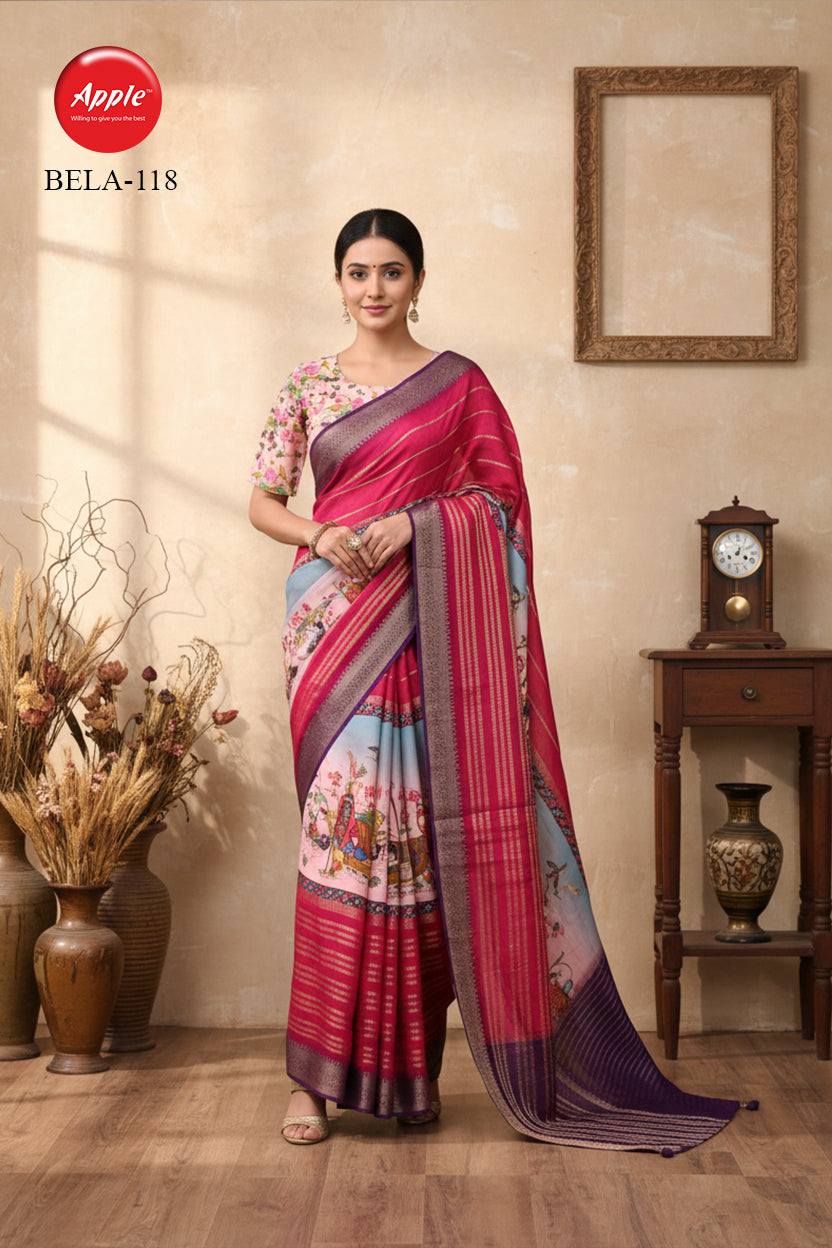 BELA-Radiant Magenta Designer Saree with Artistic Print & Zari Border