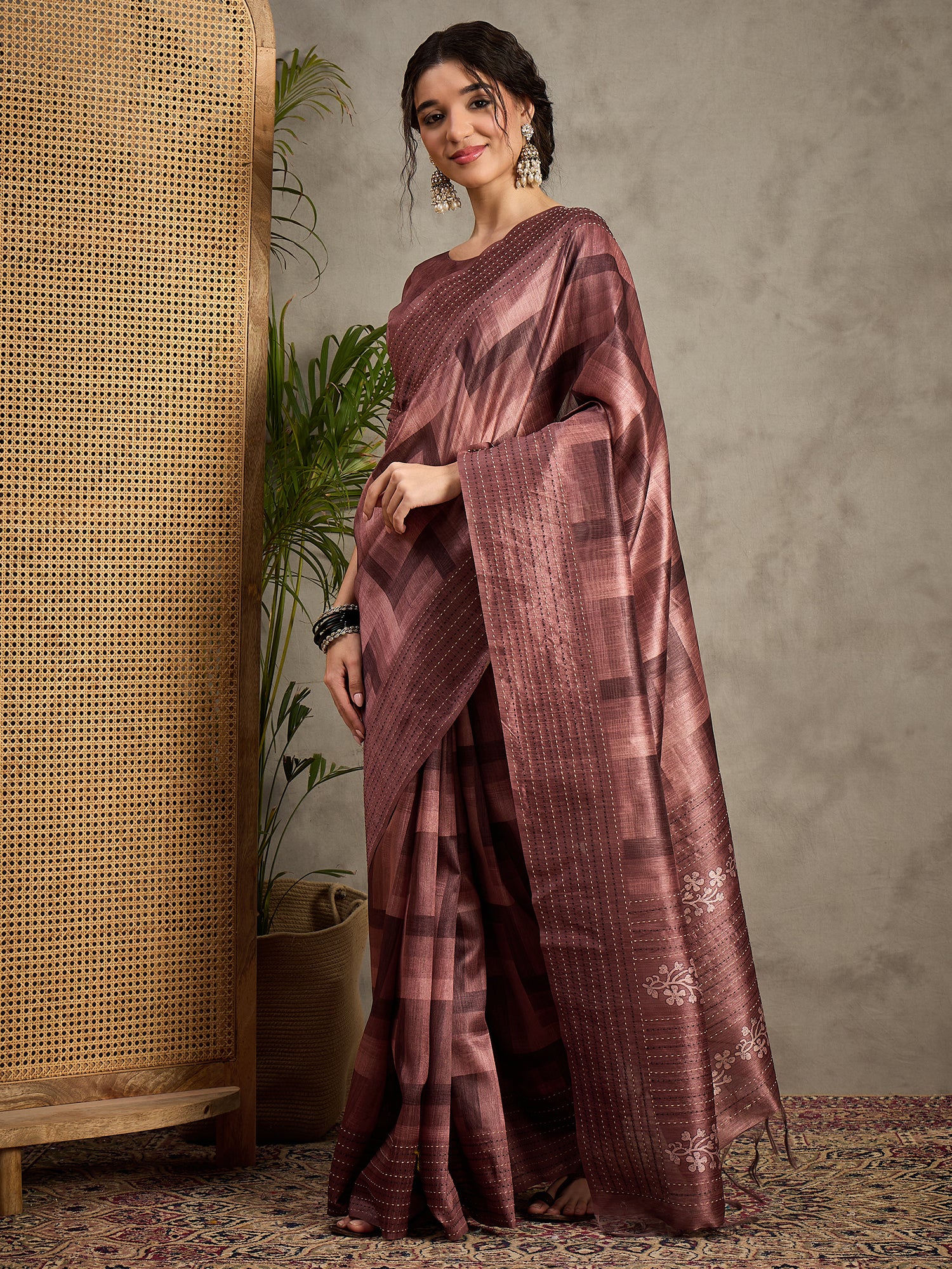 TARANG-Elegant Mauve Shibori Style Silk Saree with Embellished Woven Border