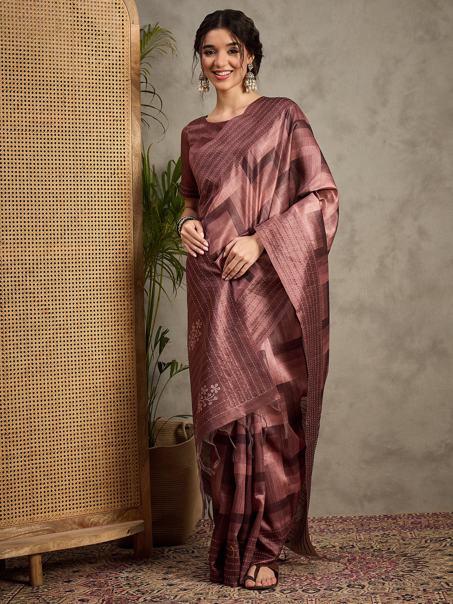 TARANG-Elegant Mauve Shibori Style Silk Saree with Embellished Woven Border