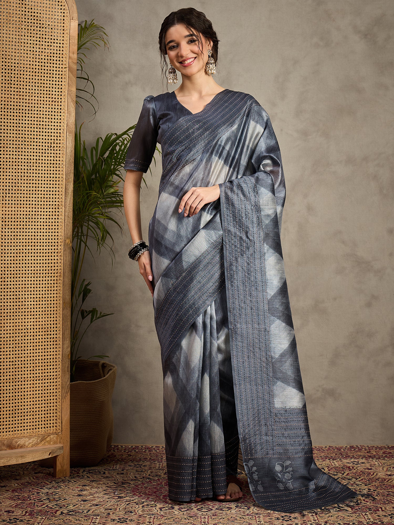 TARANG-Midnight Grey Shibori Style Designer Saree with Elegant Woven Border