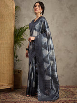 TARANG-Midnight Grey Shibori Style Designer Saree with Elegant Woven Border