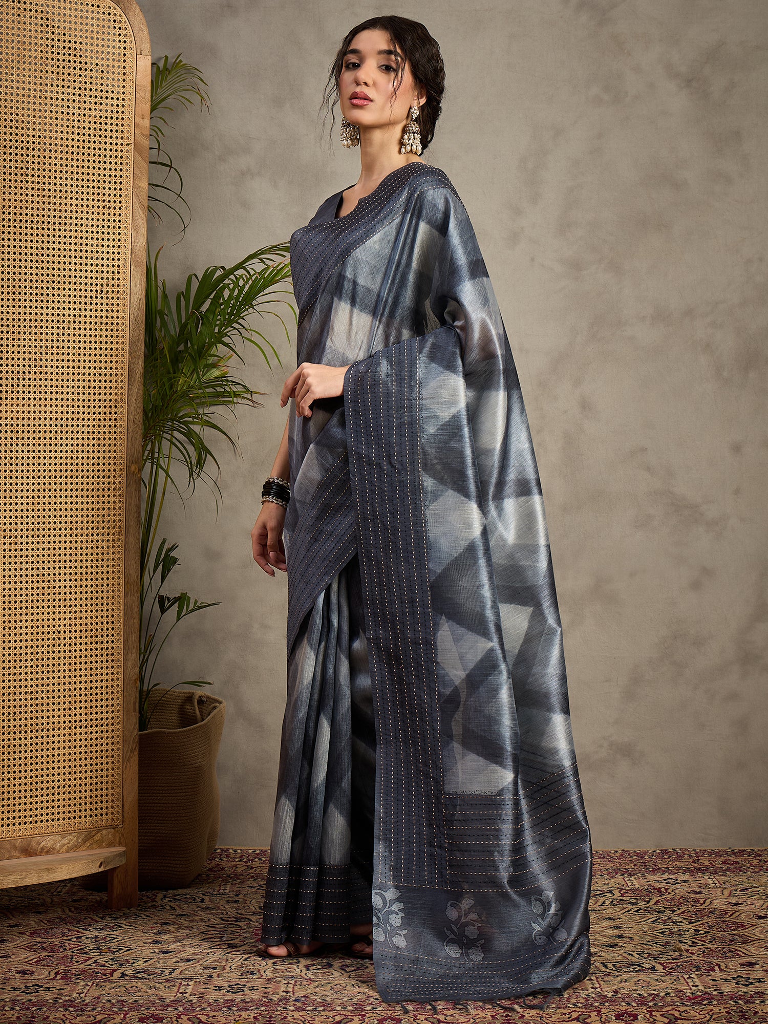 TARANG-Midnight Grey Shibori Style Designer Saree with Elegant Woven Border
