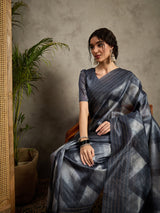 TARANG-Midnight Grey Shibori Style Designer Saree with Elegant Woven Border