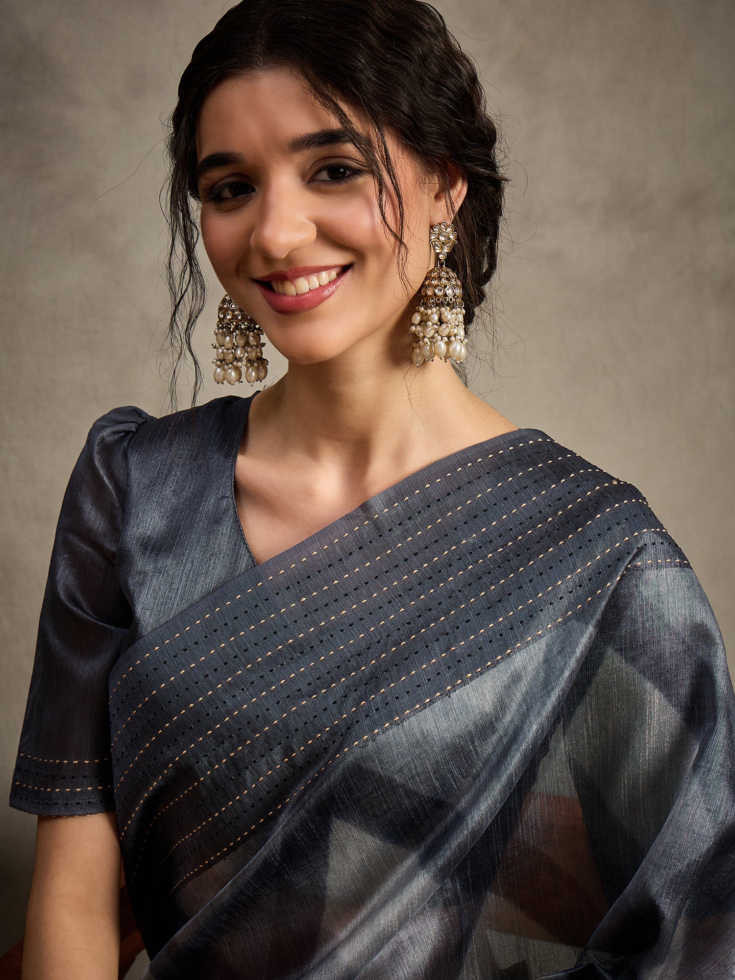TARANG-Midnight Grey Shibori Style Designer Saree with Elegant Woven Border