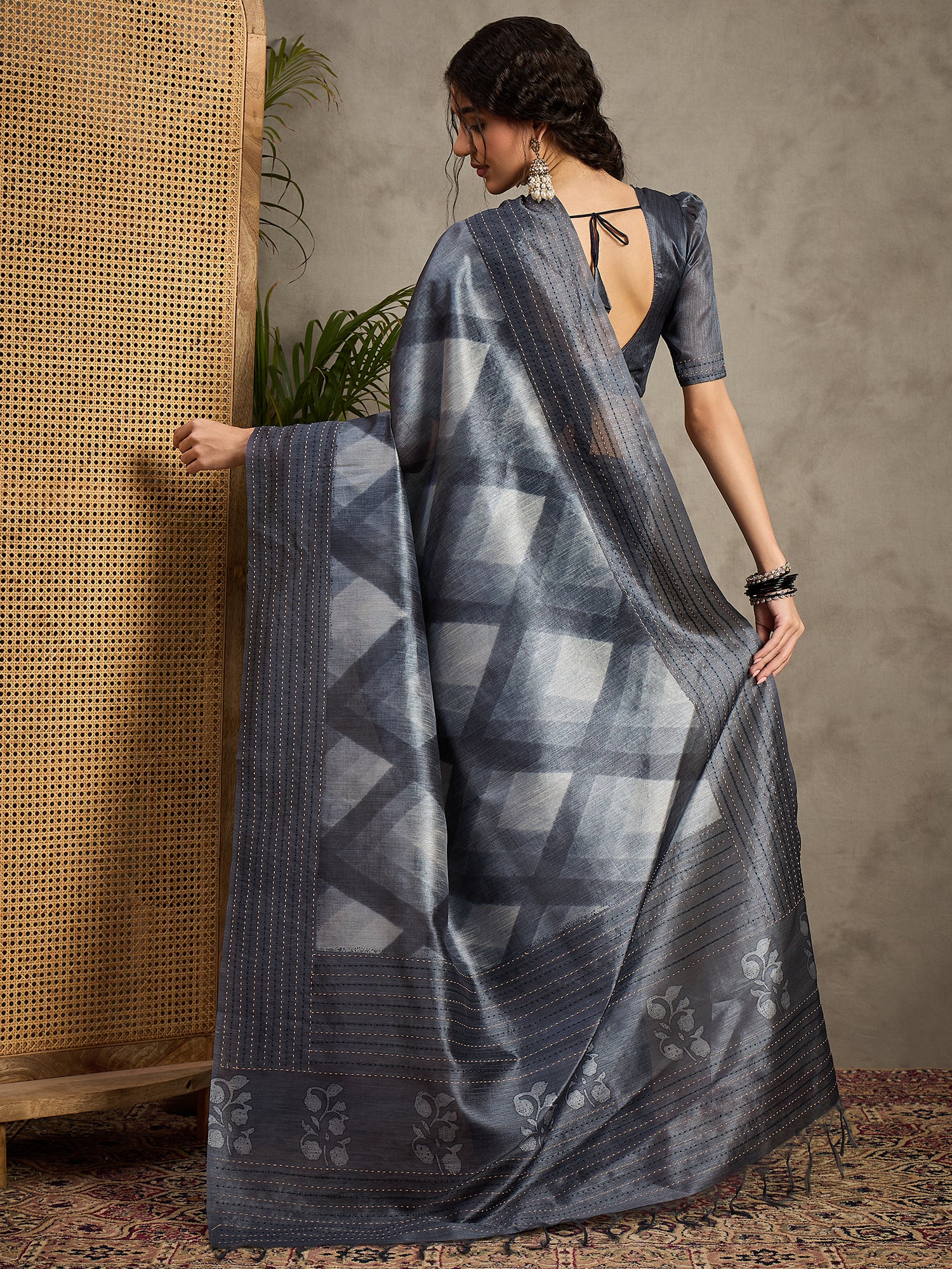 TARANG-Midnight Grey Shibori Style Designer Saree with Elegant Woven Border