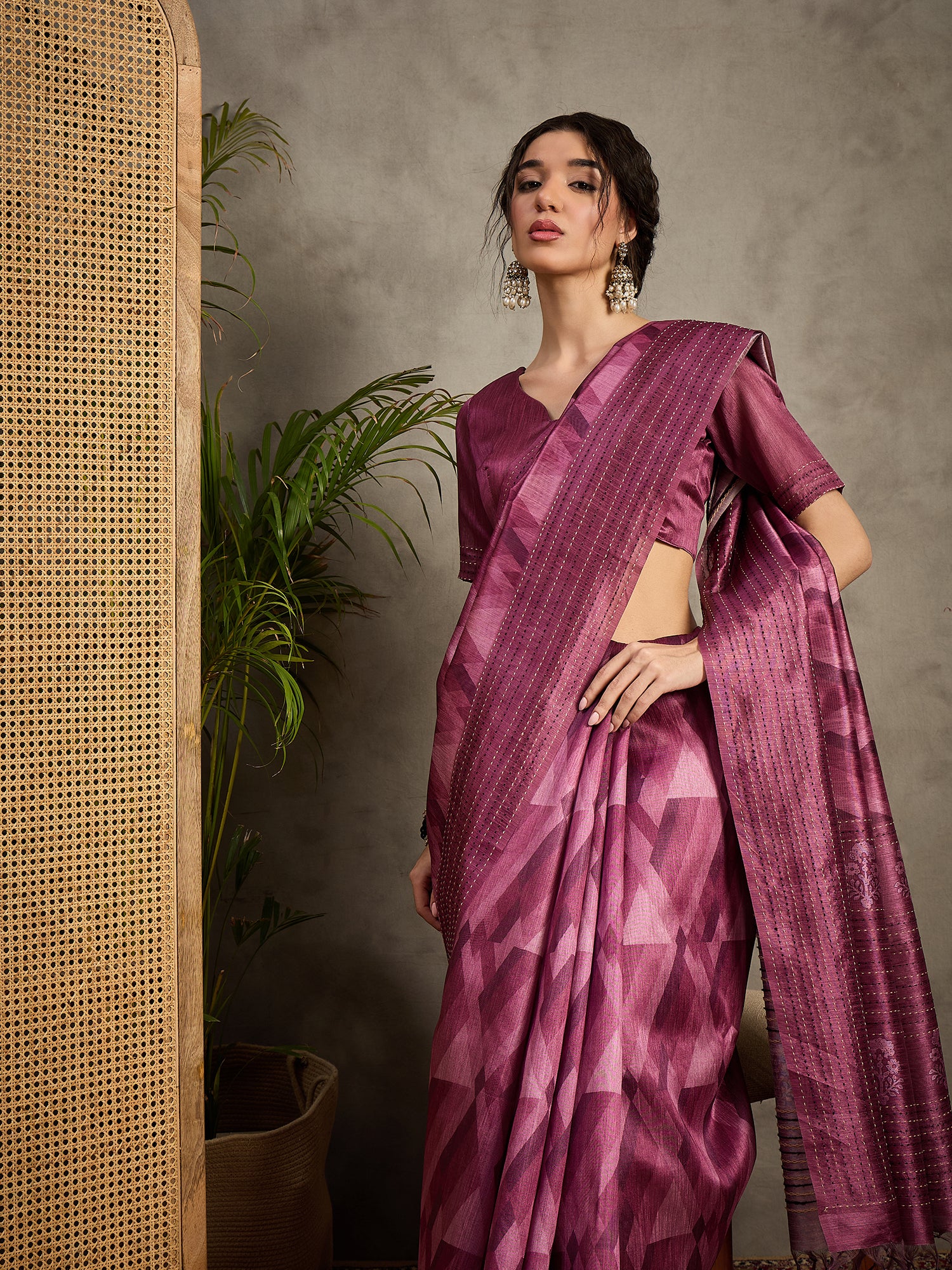 TARANG-Elegant Wine Purple Geometric Pattern Designer Saree