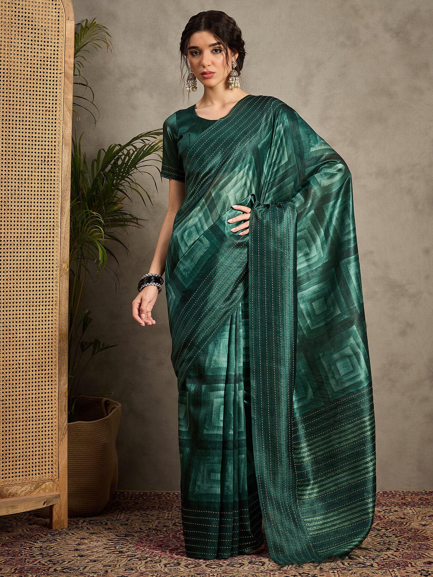 TARANG-Elegant Emerald Green Abstract Print Saree with Designer Embellished Border