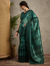 TARANG-Elegant Emerald Green Abstract Print Saree with Designer Embellished Border