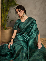 TARANG-Elegant Emerald Green Abstract Print Saree with Designer Embellished Border