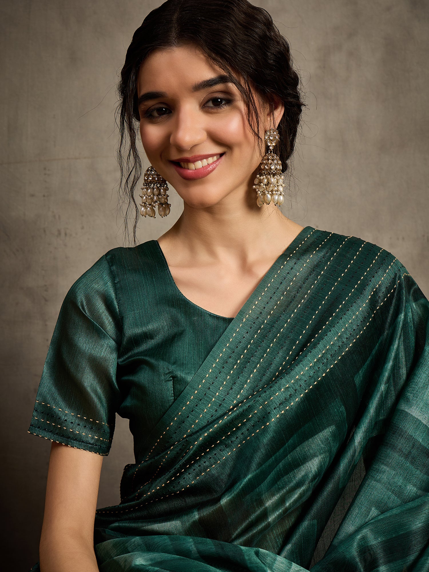 TARANG-Elegant Emerald Green Abstract Print Saree with Designer Embellished Border