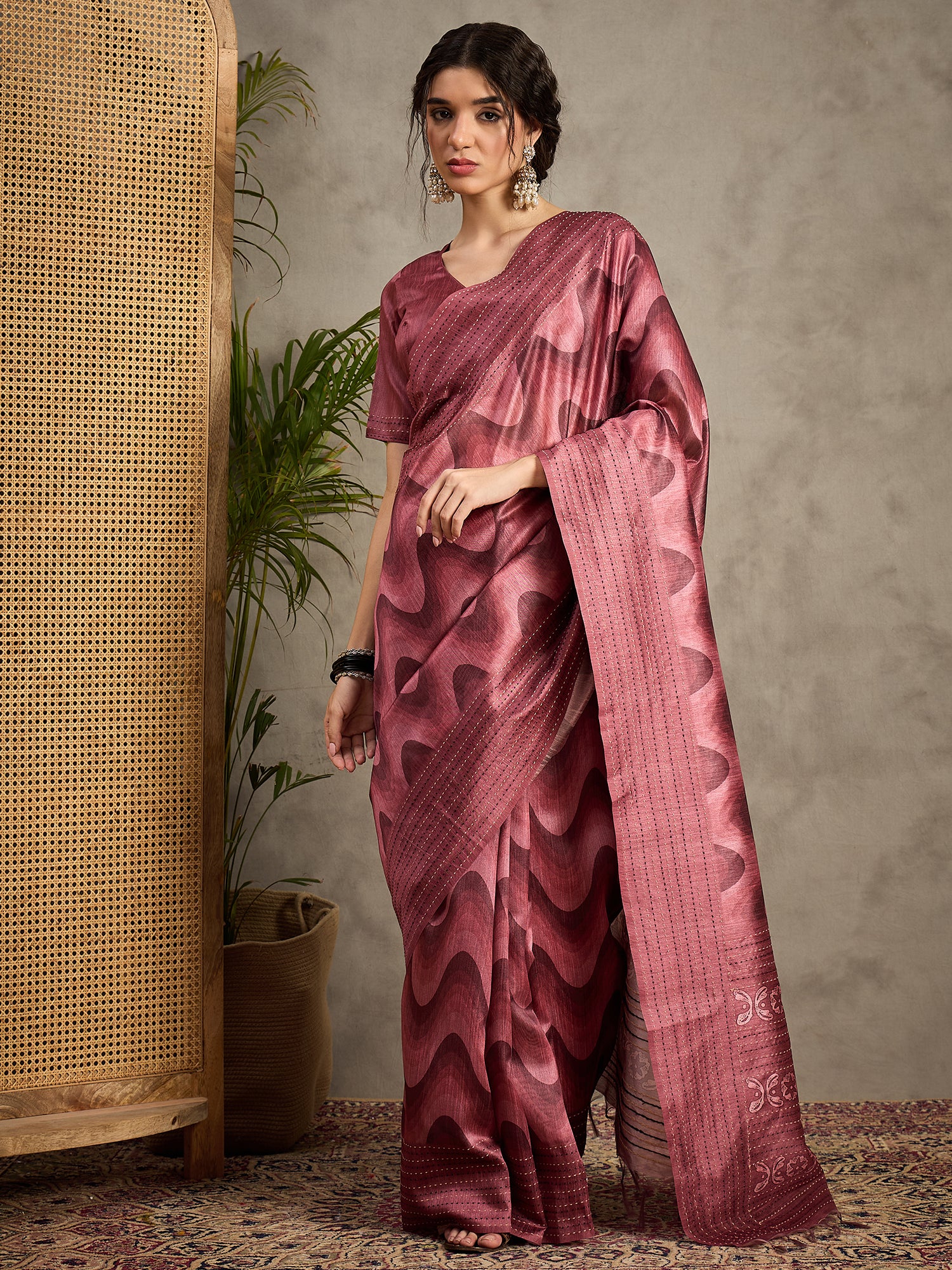 TARANG-Rosy Wine Abstract Print Designer Saree with Elegant Woven Border