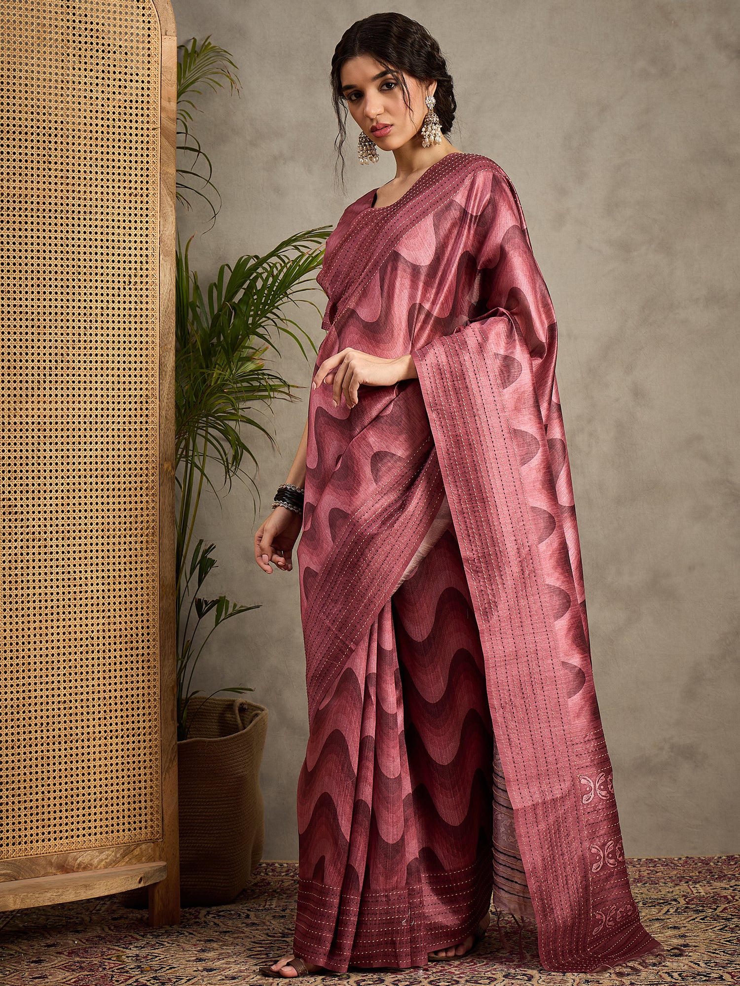 TARANG-Rosy Wine Abstract Print Designer Saree with Elegant Woven Border