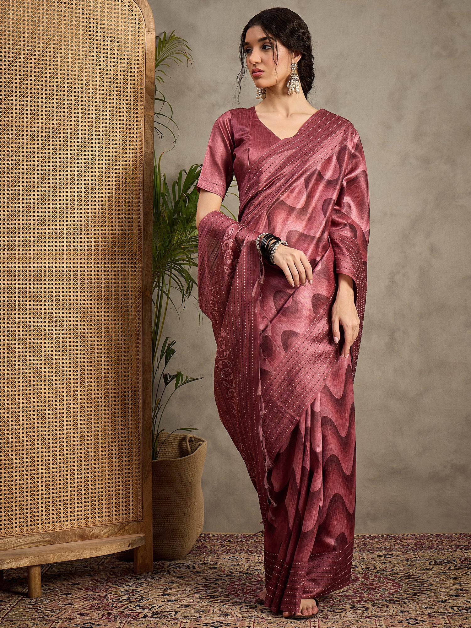 TARANG-Rosy Wine Abstract Print Designer Saree with Elegant Woven Border