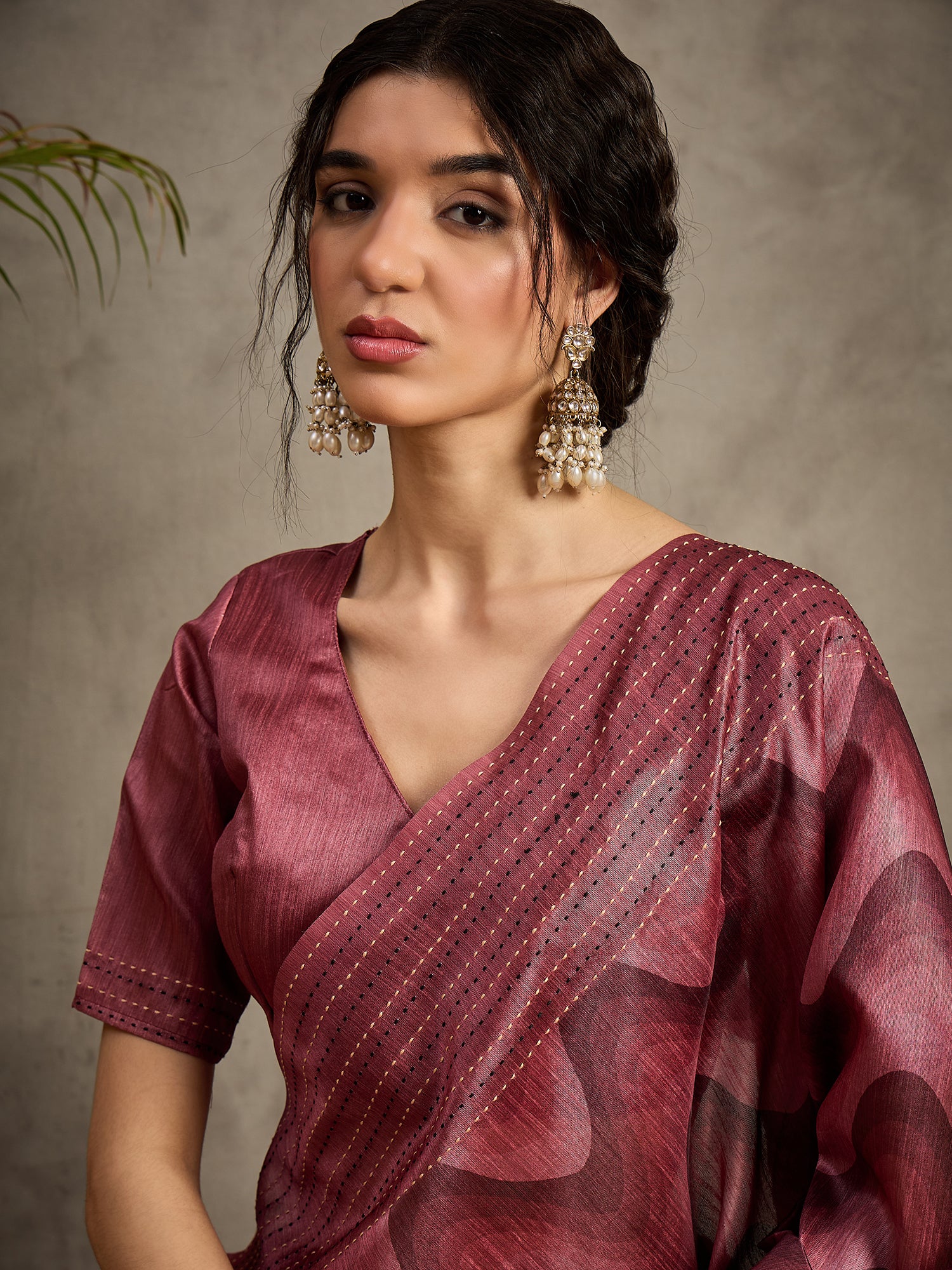 TARANG-Rosy Wine Abstract Print Designer Saree with Elegant Woven Border