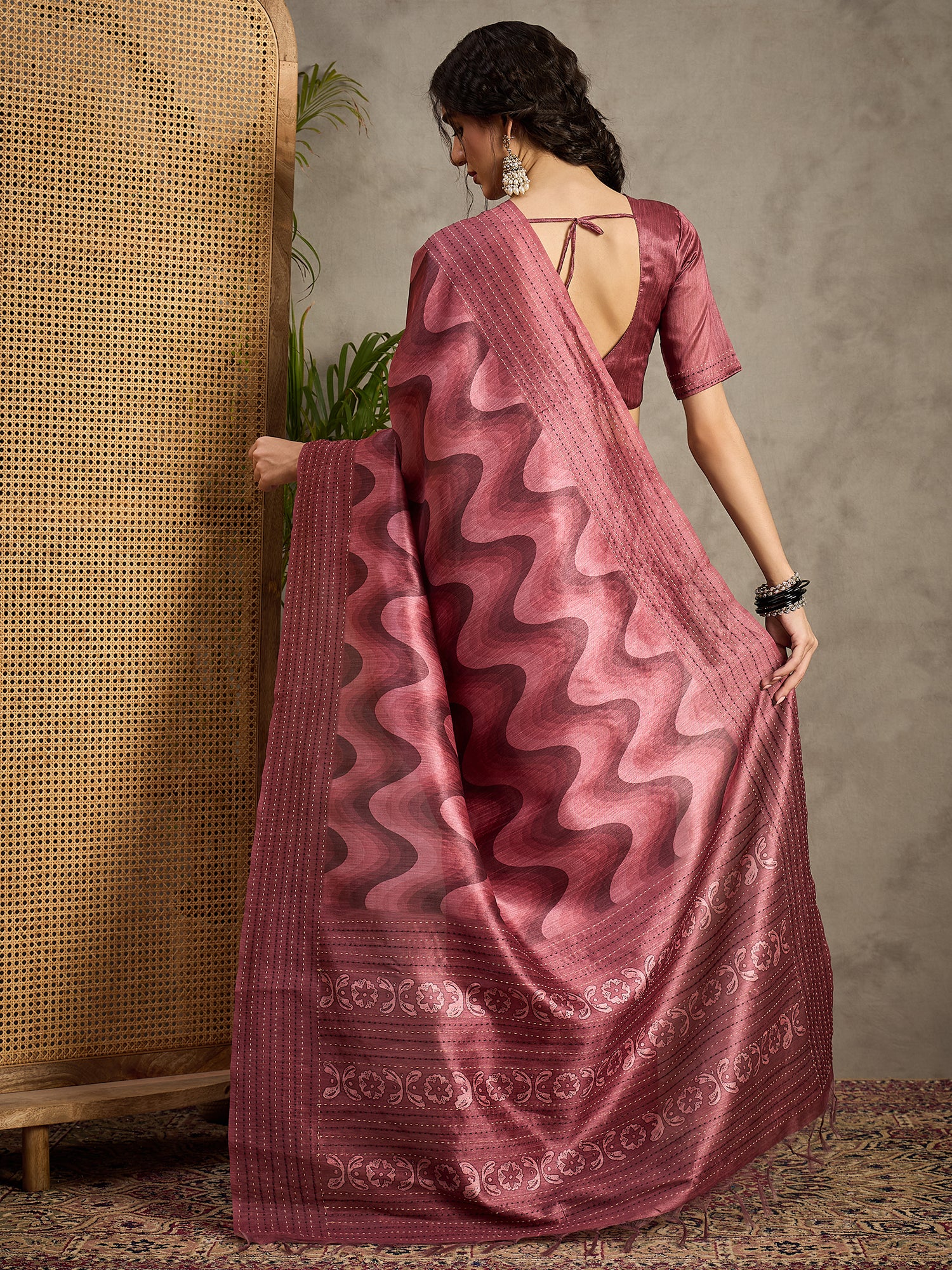 TARANG-Rosy Wine Abstract Print Designer Saree with Elegant Woven Border