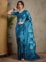 TARANG-Royal Teal Blue Designer Saree with Abstract Check Patterns and Elegant Woven Border