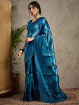 TARANG-Royal Teal Blue Designer Saree with Abstract Check Patterns and Elegant Woven Border