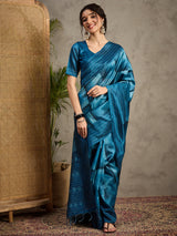 TARANG-Royal Teal Blue Designer Saree with Abstract Check Patterns and Elegant Woven Border