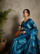 TARANG-Royal Teal Blue Designer Saree with Abstract Check Patterns and Elegant Woven Border