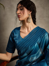TARANG-Royal Teal Blue Designer Saree with Abstract Check Patterns and Elegant Woven Border