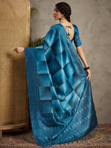 TARANG-Royal Teal Blue Designer Saree with Abstract Check Patterns and Elegant Woven Border