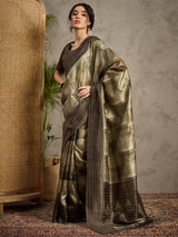 TARANG-Golden Beige Abstract Designer Saree with Elegant Woven Border and Artistic Pallu