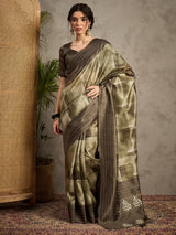 TARANG-Golden Beige Abstract Designer Saree with Elegant Woven Border and Artistic Pallu