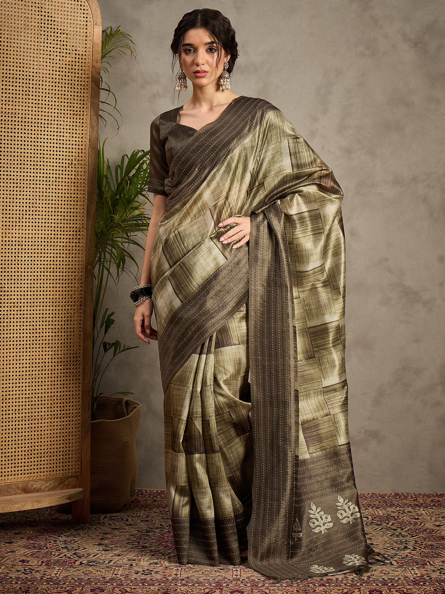 TARANG-Golden Beige Abstract Designer Saree with Elegant Woven Border and Artistic Pallu