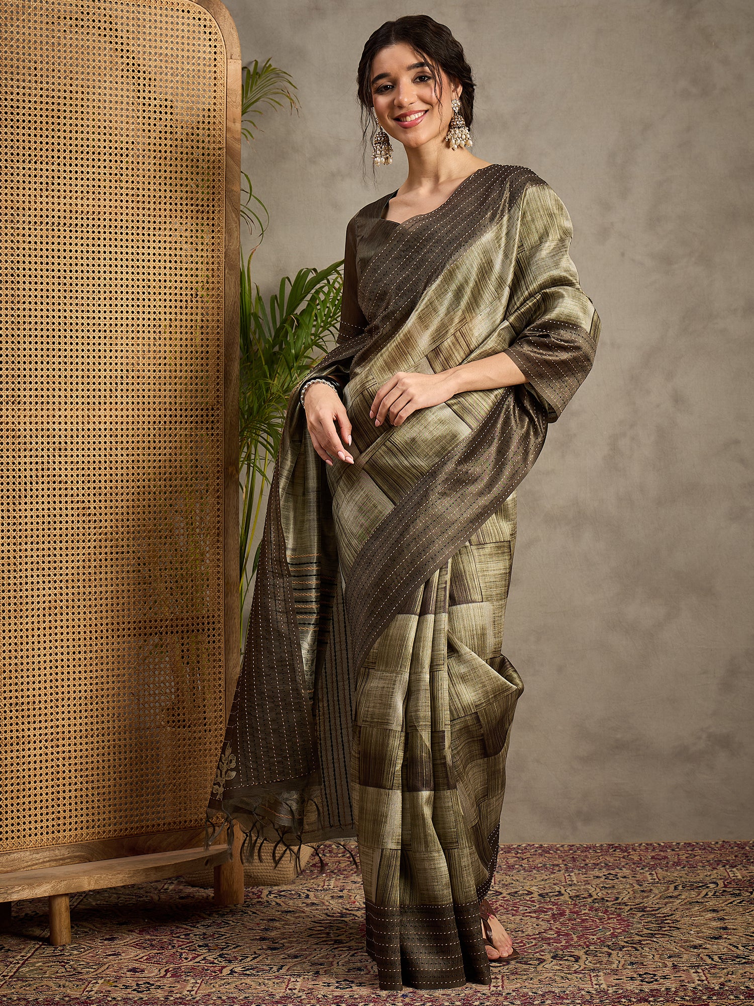 TARANG-Golden Beige Abstract Designer Saree with Elegant Woven Border and Artistic Pallu