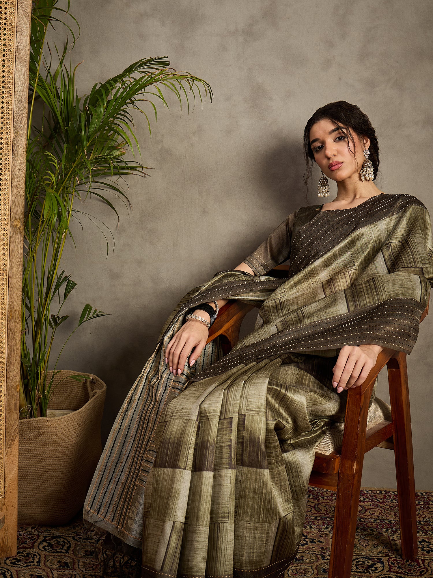 TARANG-Golden Beige Abstract Designer Saree with Elegant Woven Border and Artistic Pallu