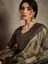 TARANG-Golden Beige Abstract Designer Saree with Elegant Woven Border and Artistic Pallu
