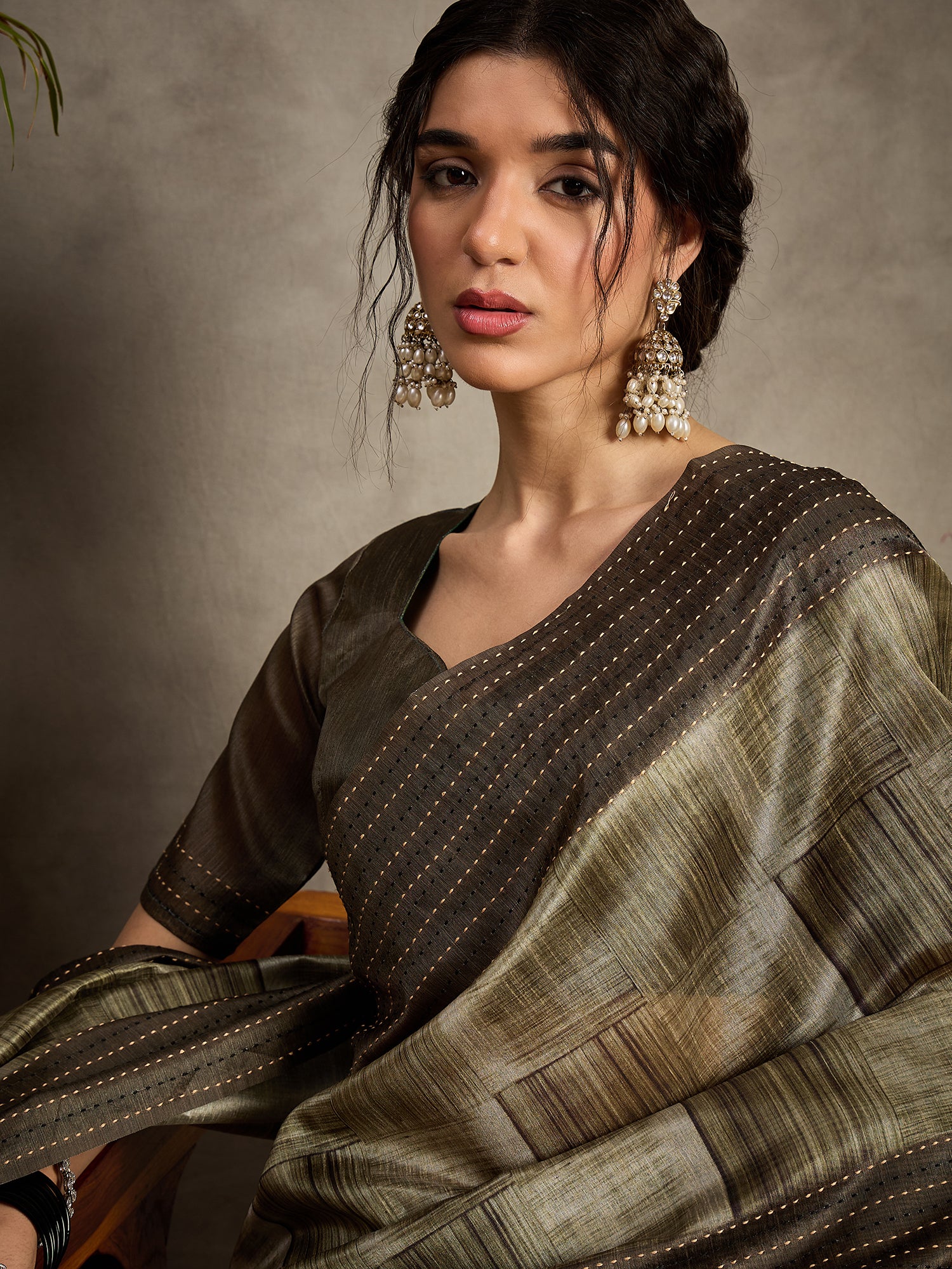 TARANG-Golden Beige Abstract Designer Saree with Elegant Woven Border and Artistic Pallu