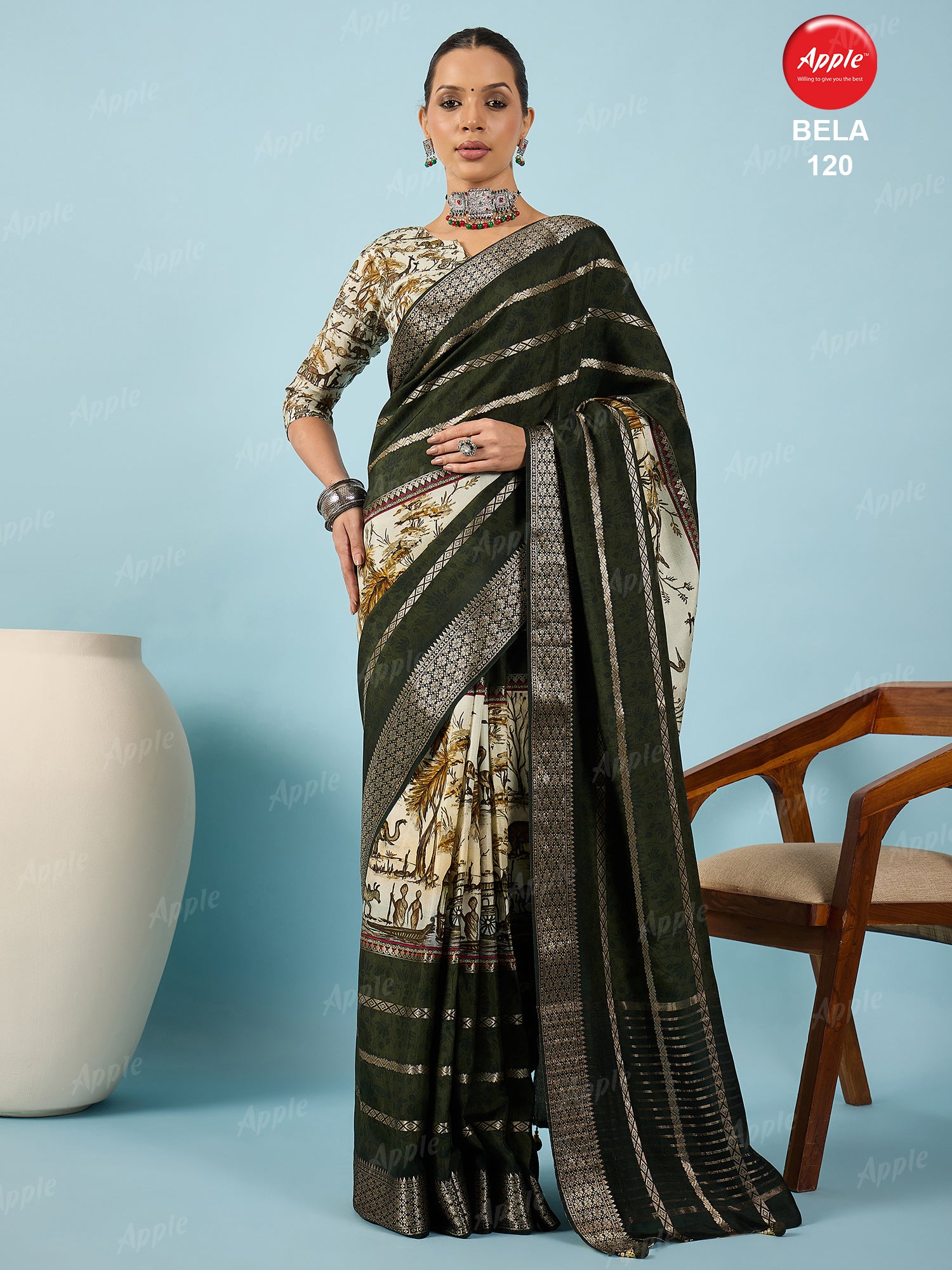 BELA-Majestic Forest Green Heritage Print Saree with Rich Zari Border